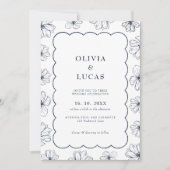 Modern Floral Art Wave Lijst Blauw Bruiloft Kaart (Voorkant)