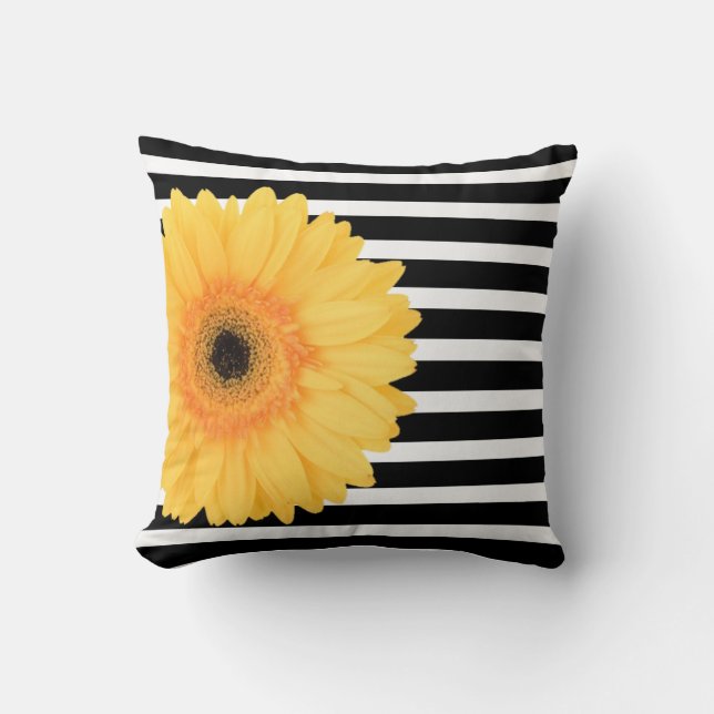 Modern Floral, B&W Stripes w Yellow Daisy Kussen (Voorkant)