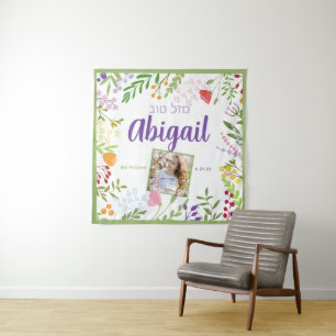 Modern Floral Bat Mitzvah Foto - Welkomstbord Wandkleed