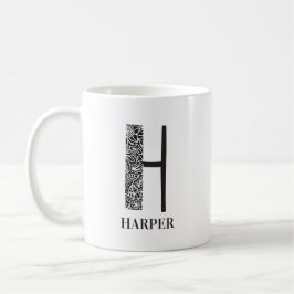 Modern Floral Black en White Initiaal Koffiemok