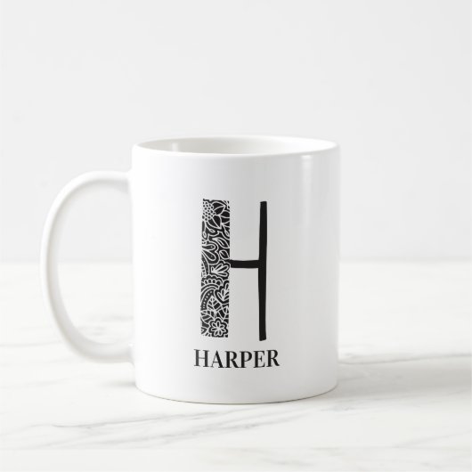 Modern Floral Black en White Initiaal Koffiemok (Links)