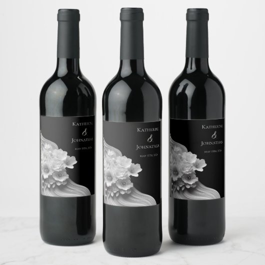 Modern Floral Black en White Wijn Etiket (Flessen)