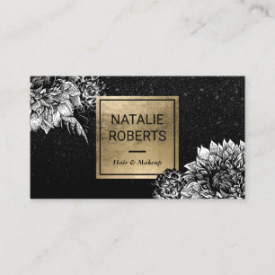 Modern Floral Black Glitter Beauty Salon Visitekaartje