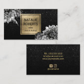Modern Floral Black Glitter Beauty Salon Visitekaartje (Voorkant / Achterkant)