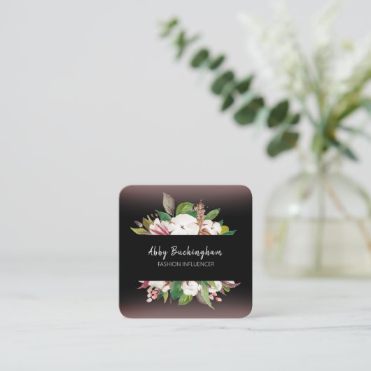 Modern Floral Black met QR-code Vierkante Visitekaartje (Staand voorkant)