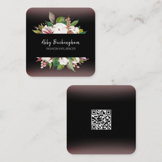 Modern Floral Black met QR-code Vierkante Visitekaartje (Voorkant / Achterkant)