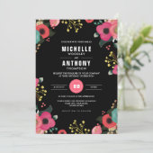 Modern Floral Black | Roze | Blauwgroen huwelijk Kaart (Staand voorkant)