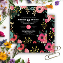 Modern Floral Black | Roze | Blauwgroen huwelijk