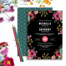 Modern Floral Black | Roze | Blauwgroen huwelijk