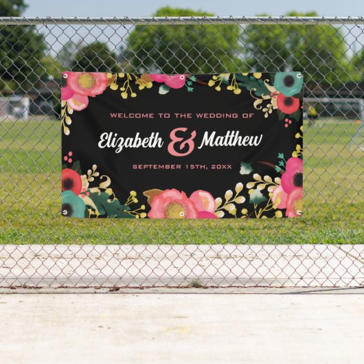 Modern Floral Black | Roze | Blauwgroen huwelijk Spandoek (Insitu)