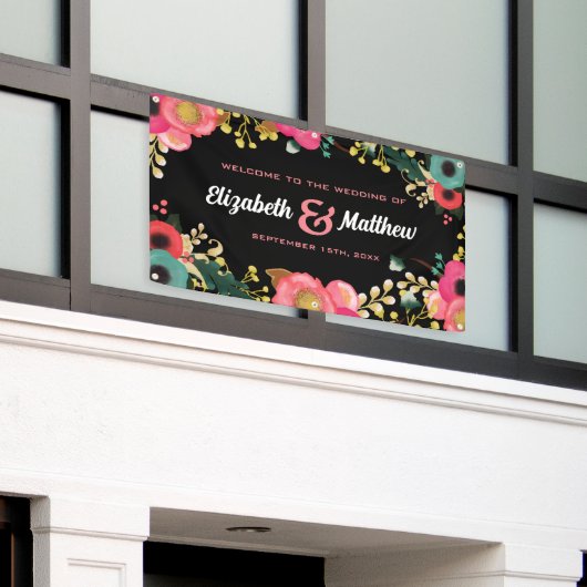 Modern Floral Black | Roze | Blauwgroen huwelijk Spandoek (Buitenkant Gebouw)