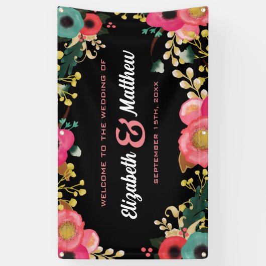 Modern Floral Black | Roze | Blauwgroen huwelijk Spandoek (Verticaal)