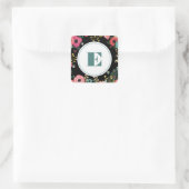 Modern Floral Black | Roze | Blauwgroen monogram h Vierkante Sticker (Tas)
