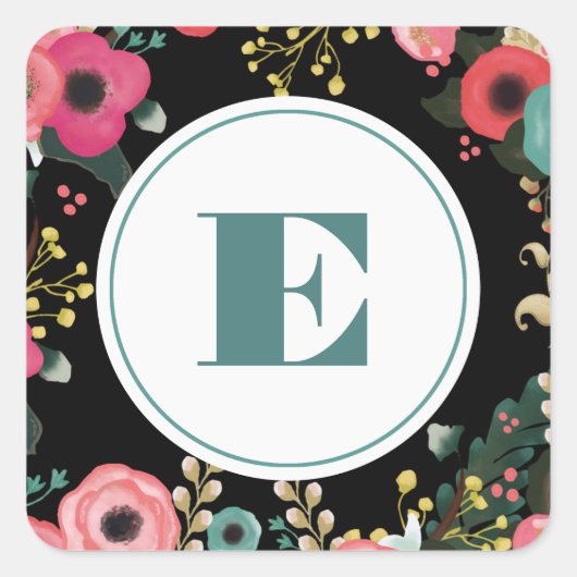 Modern Floral Black | Roze | Blauwgroen monogram h Vierkante Sticker (Voorkant)