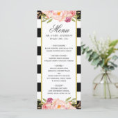 Modern Floral Black White Striped | Menu Weddensch (Staand voorkant)