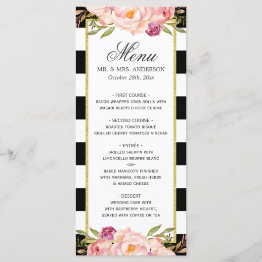 Modern Floral Black White Striped | Menu Weddensch (Voorkant)