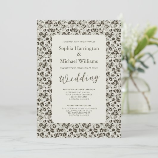 Modern Floral Black & White Wedding Invite QR Code Kaart (Staand voorkant)