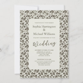 Modern Floral Black & White Wedding Invite QR Code Kaart