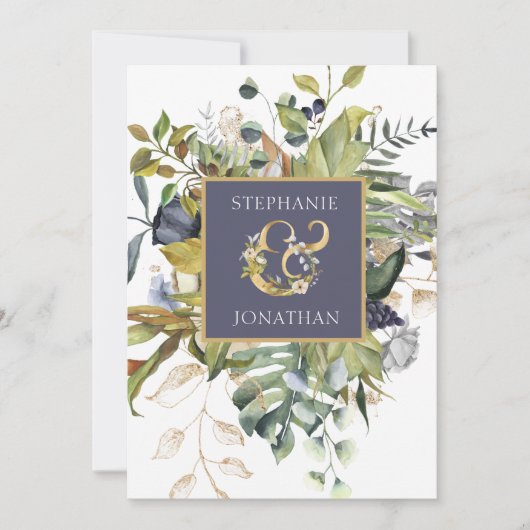 Modern Floral |Blauw en groen met Ampersand Weddin Bedankkaart (Voorkant)