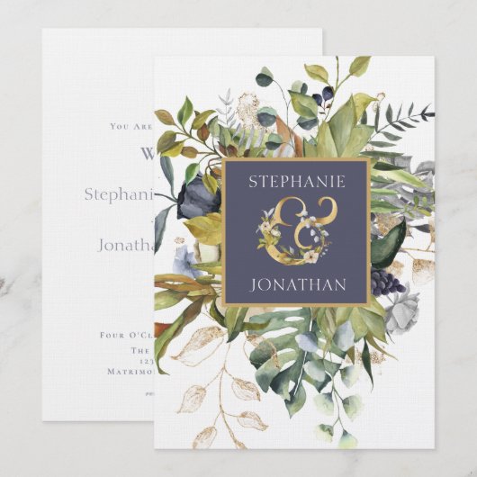 Modern Floral |Blauw en groen met Ampersand Weddin Kaart (Voorkant / Achterkant)