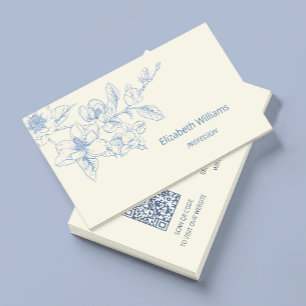 Modern Floral Blue Cream Magnolia QR-code Visitekaartje