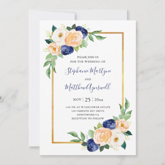 Modern Floral Blue koraal bruiloft Kaart (Voorkant)