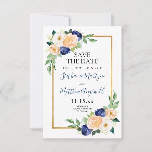 Modern Floral Blue koraal bruiloft Save The Date (Voorkant)