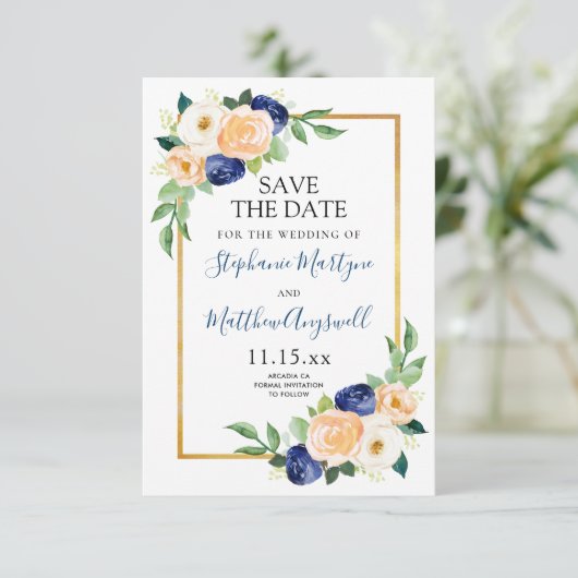 Modern Floral Blue koraal bruiloft Save The Date (Staand voorkant)