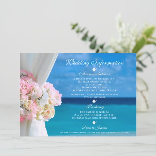 Modern Floral Blue Ocean Beach Bruiloft informatie Kaart (Staand voorkant)