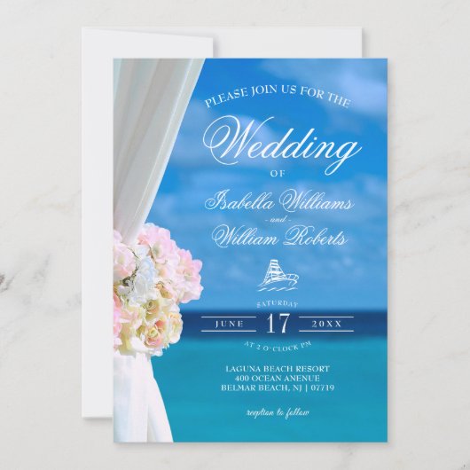 Modern Floral Blue Ocean Beach Wedding Kaart (Voorkant)