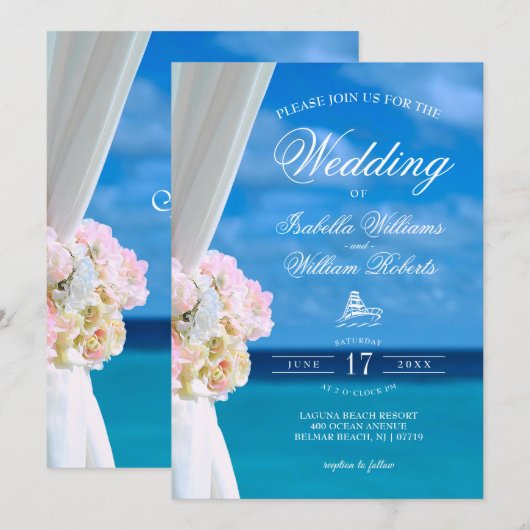 Modern Floral Blue Ocean Beach Wedding Kaart (Voorkant / Achterkant)