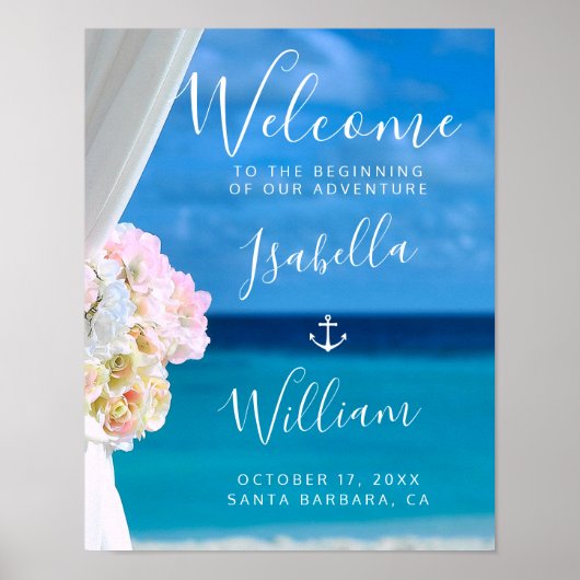 Modern Floral Blue Ocean Beach Wedding Poster (Voorkant)