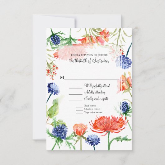 Modern Floral Blue Oranje Waterverf Foliage Herfst RSVP Kaartje (Voorkant)