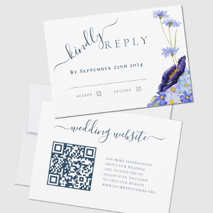 Modern Floral Blue QR Code Trouwantwoord RSVP Kaartje