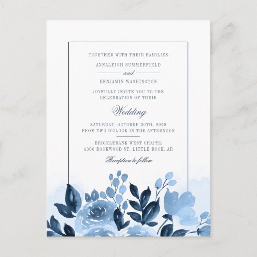 Modern Floral Blue Waterverf Flowers Wedding Uitnodiging Briefkaart (Voorkant)