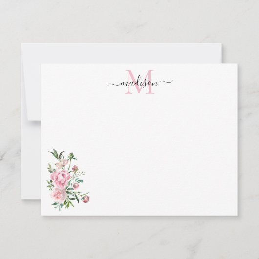 Modern Floral Blush Pink Waterverf Roos Monogram Notitiekaartje (Voorkant)