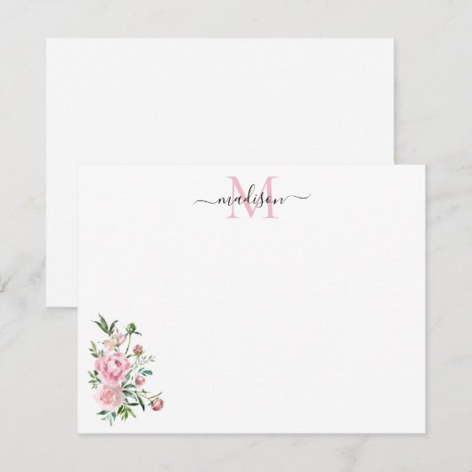 Modern Floral Blush Pink Waterverf Roos Monogram Notitiekaartje (Voorkant / Achterkant)