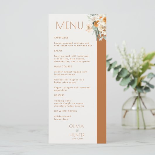 Modern Floral Bohemian Terracotta Wedding Menu (Staand voorkant)