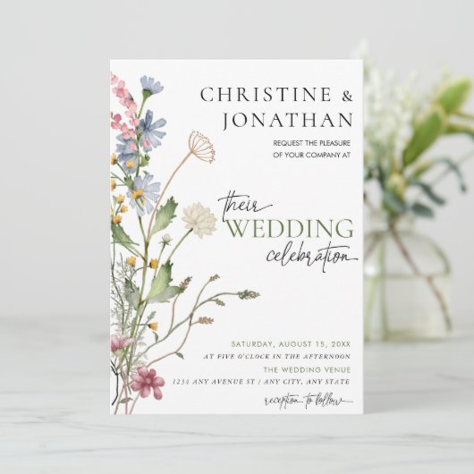 Modern Floral Boho | Wilde bloemen bruiloft Kaart (Staand voorkant)