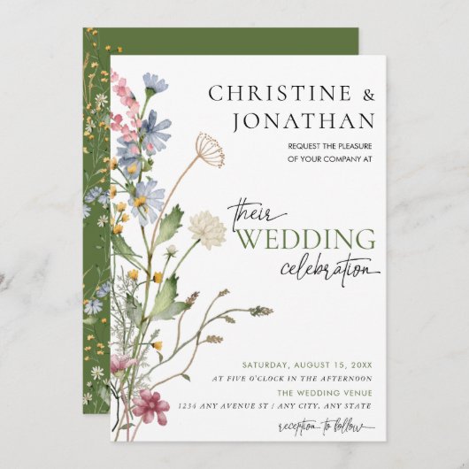 Modern Floral Boho | Wilde bloemen bruiloft Kaart (Voorkant / Achterkant)