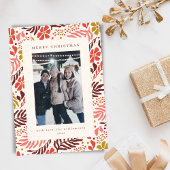 Modern Floral Border Warm Red Christmas Photo Feestdagenkaart