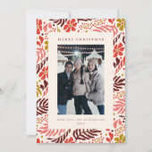 Modern Floral Border Warm Red Christmas Photo Feestdagenkaart (Voorkant)