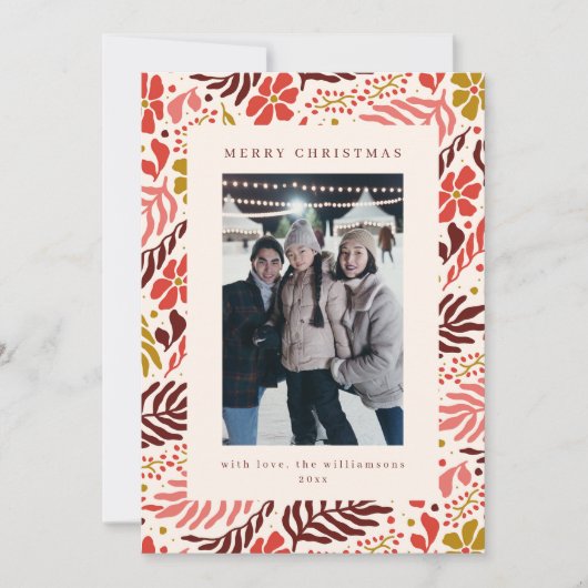 Modern Floral Border Warm Red Christmas Photo Feestdagenkaart (Voorkant)