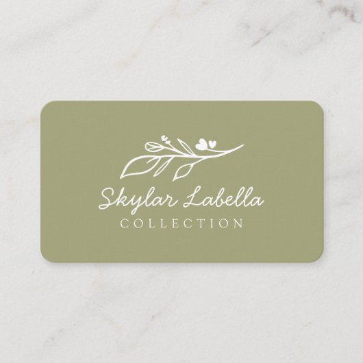 Modern Floral Botanic Line-art Logo Olive Green Visitekaartje (Voorkant)