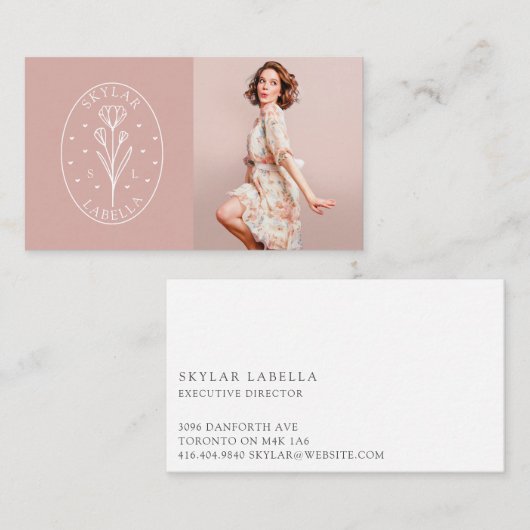 Modern Floral Botanic Line-Art Logo & Photo Blush Visitekaartje (Voorkant / Achterkant)