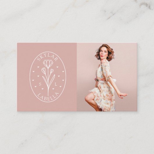 Modern Floral Botanic Line-Art Logo & Photo Blush Visitekaartje (Voorkant)
