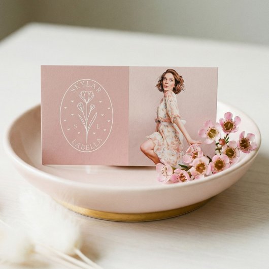 Modern Floral Botanic Line-Art Logo & Photo Blush Visitekaartje