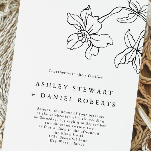 Modern Floral Botanical Black and White Wedding Kaart
