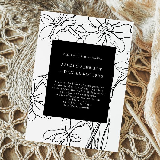 Modern Floral Botanical Black and White Wedding Kaart