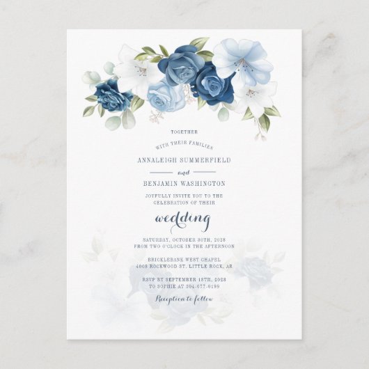 Modern Floral botanical Dusty Blue Wedding Uitnodiging Briefkaart (Voorkant)